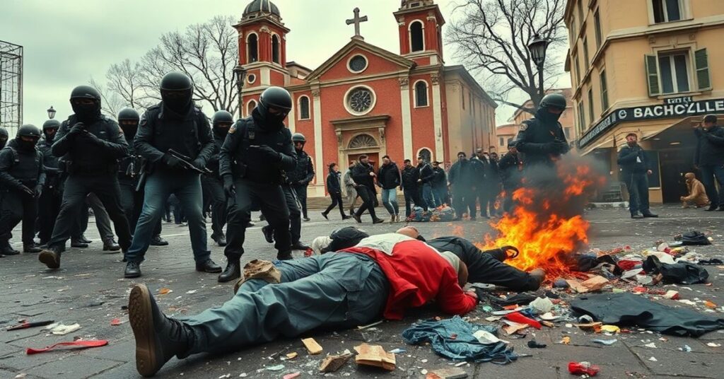 Realistyczny obraz przemocy podczas anarchistycznych zamieszek w Turynie z rannymi policjantami i katolickim kościołem w tle.