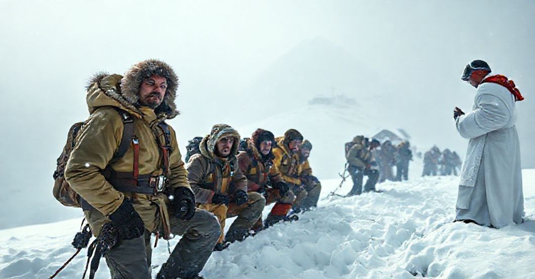 Grupa narciarzy uwięzionych w śnieżnej burzy na stoku Mount Everestu z niepokojem patrzą w dół. Na tle widoczny odległy klasztor buddyjski.