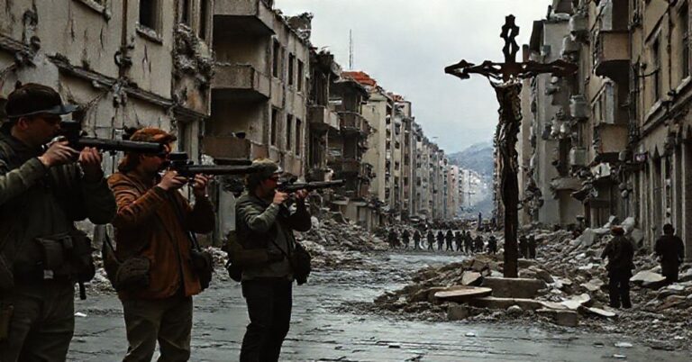 Realistyczny obraz zniszczonego Sarajewa z lat 90., z turystami-snajperami strzelającymi do oddziałów w tle. Tło: krucyfiks wśród ruin.