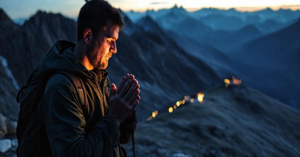 Zaginiony turysta w Tatrach modli się w ciszy górskiej wieczorku