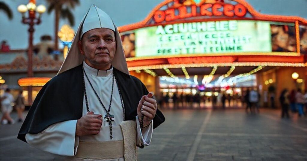 Pielgrzym katolicki stojący przed sekularnym atrakcją turystyczną, kontrastując nabożeństwo z hedonizmem