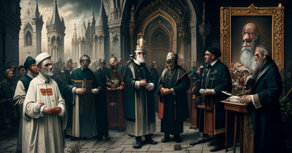 Kobieta w stroju pracy trzymającą narzędzia w rękach, stojąca przed średniowiecznym kościołem. Tło przedstawia zamożnych ludzi stojących w oddali. Obraz symbolizuje niesprawiedliwość ekonomiczną i braku szacunku dla prawa Bożego.