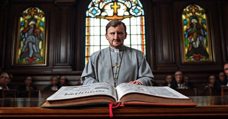 Donald Tusk mówi na Sejmie o rzekomej dywersji ukraińskiej, w tle witraż z ukrzyżowaniem symbolizujący duchową kryzys.