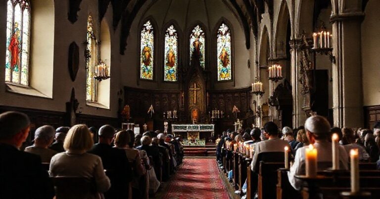 Kościół pw. św. Marii Magdaleny w Tychach przedstawiony jako miejsce tradycyjnego kultu katolickiego, z wiernymi modlącymi się w uroczystej atmosferze.