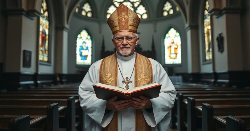 Ojciec Andrzej Napiórkowski OSPPE trzyma Biblię w tradycyjnym wnętrzu kościoła.