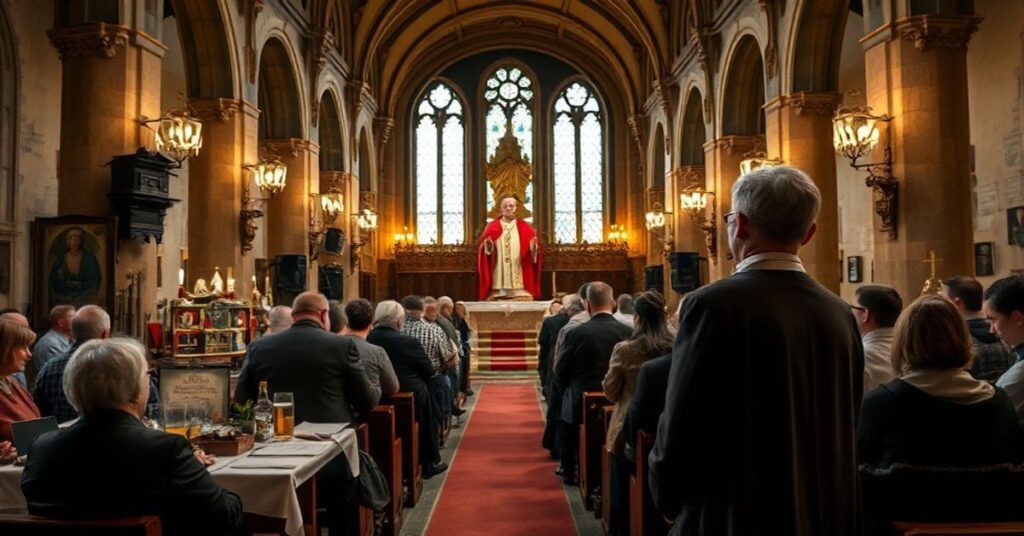 Sobór Wszystkich Świętych w Warszawie podczas pseudokatolickiej inicjatywy 'Tygodnia Małżeństwa' z wystawą kłamliwych relikwii rodziny Ulmów i posągiem Jana Pawła II.