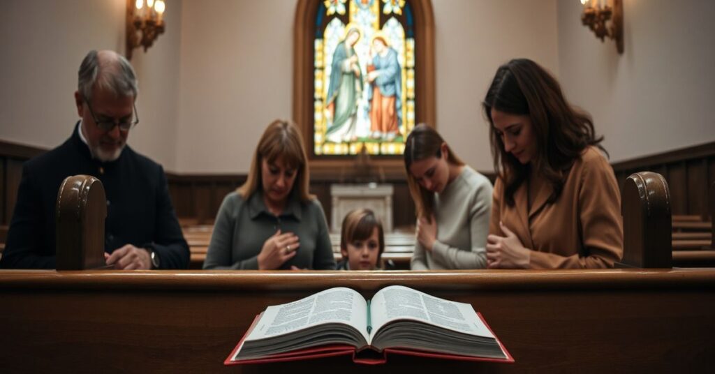 Tradycyjna katolicka rodzina modli się w kaplicy z Maryją i Józefem na witrażu w tle podczas VI Tygodnia Modlitw o Ochronę Życia w Krakowie.
