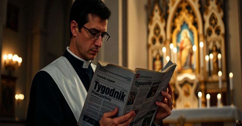 Człowiek w tradycyjnym stroju katolickim trzyma egzemplarz „Tygodnika Powszechnego” w ciemnym kościele przy świetle świec.
