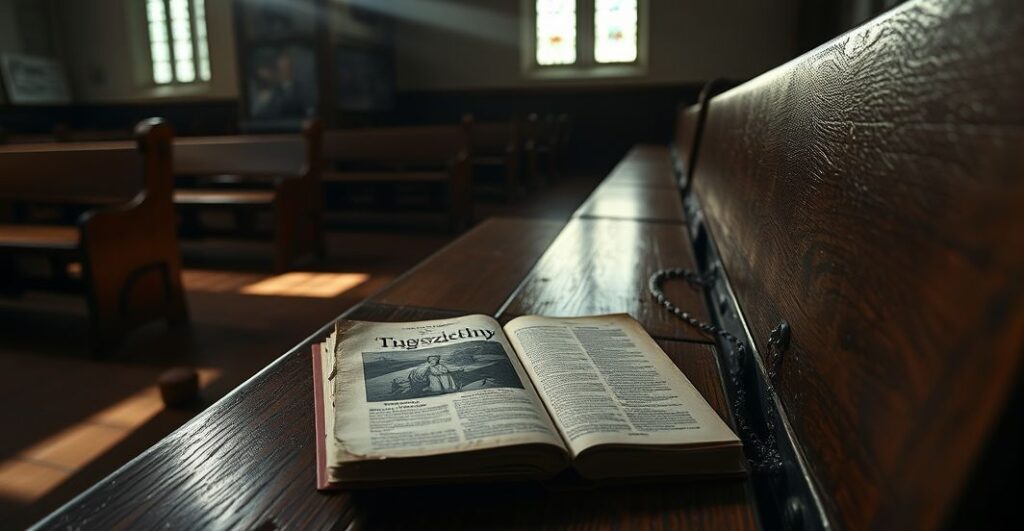 Stary egzemplarz Tygodnika Powszechnego leży opuszczony na ławce kościelnej w pustym, słabo oświetlonym kościele, kontrastujący z promieniem światła oświetlającym starą mszał i różaniec. Scena symbolizuje zaniedbanie duchowe i zdegenerowanie doktrynalne.