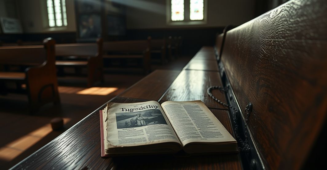 Stary egzemplarz Tygodnika Powszechnego leży opuszczony na ławce kościelnej w pustym, słabo oświetlonym kościele, kontrastujący z promieniem światła oświetlającym starą mszał i różaniec. Scena symbolizuje zaniedbanie duchowe i zdegenerowanie doktrynalne.