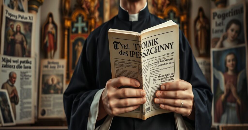 Scena przedstawiająca krytykę modernistycznego poglądu Tygodnika Powszechnego na wiarę katolicką