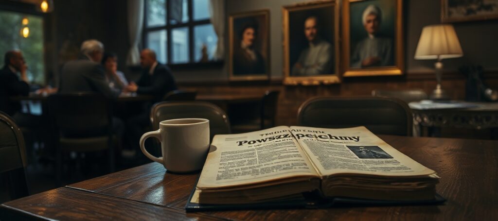 Wysłany egzemplarz 'Tygodnika Powszechnego' leżący na drewnianym stole w przyciemnionym kawiarni, obok pustego kubka kawy. W tle rozmyte postacie ludzi prowadzących powierzchowne rozmowy.