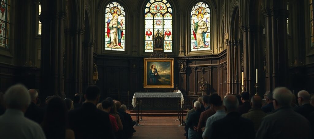 Wnętrze tradycyjnego kościoła katolickiego z subtelnymi akcentami sztuki Bartosza Minkiewicza w kontrastie z sakralnymi elementami liturgicznymi. Wierni w modlitwie pod criałem tradycyjnego malarstwa sakralnego.