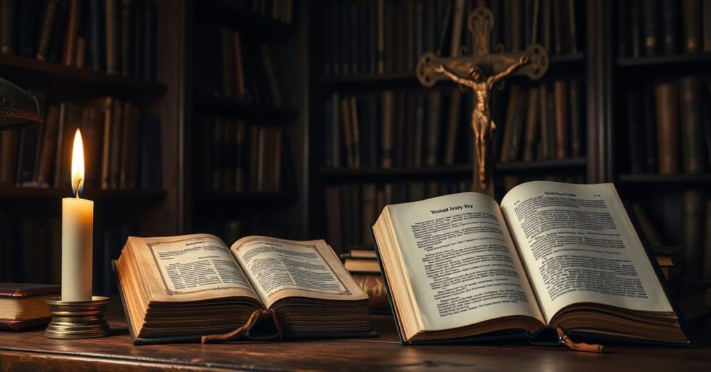 Ciemne pokoje katedry z książkami i krzyżem przedstawiającymi niebezpieczne błędy modernistyczne promowane przez Tygodnik Powszechny