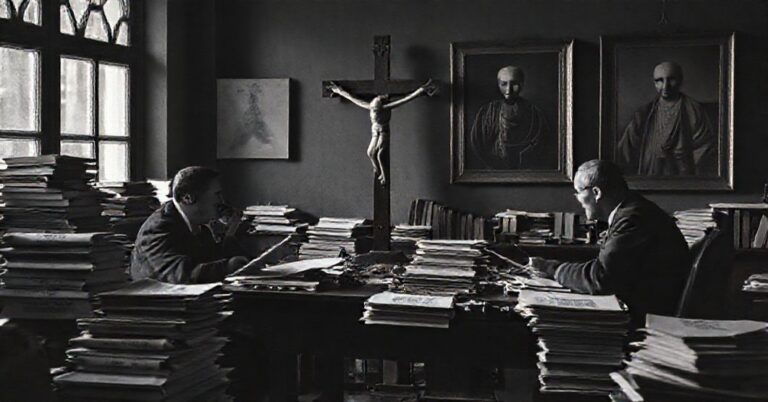Mroczny widok redakcji "Tygodnika Powszechnego" z Michałem Okońskim i Jackiem Stawiskim dyskutującymi nad modernistycznymi zmianami, podczas gdy krzyż w tłku przypomina o zakłamanym katolicyzmie.