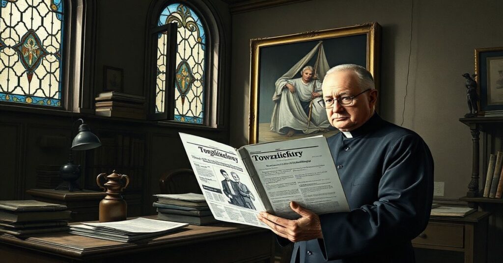 Sedlak w tradycyjnym ornacie stojący w ciemnym gabinecie z rysunkami Bartosza Minkiewicza na stole.