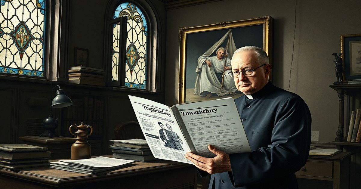 Sedlak w tradycyjnym ornacie stojący w ciemnym gabinecie z rysunkami Bartosza Minkiewicza na stole.