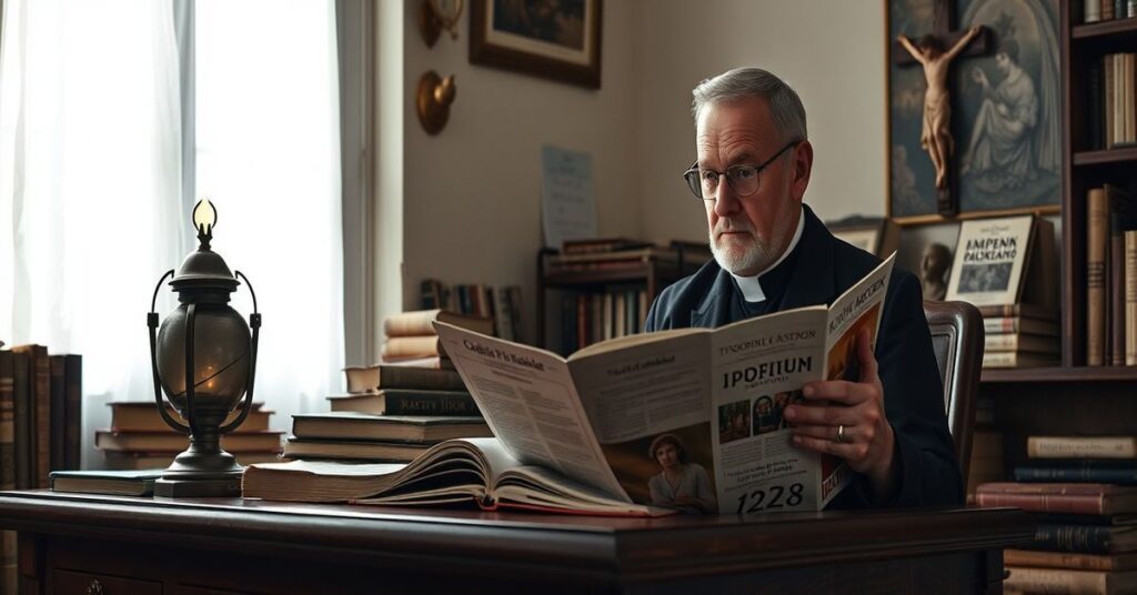 Ksiądz w tradycyjnym stroju kościelnym siedzi przy biurku, patrząc z niepokojem na „Tygodnik Powszechny” z zaleceniami kulturalnymi na styczeń 2026