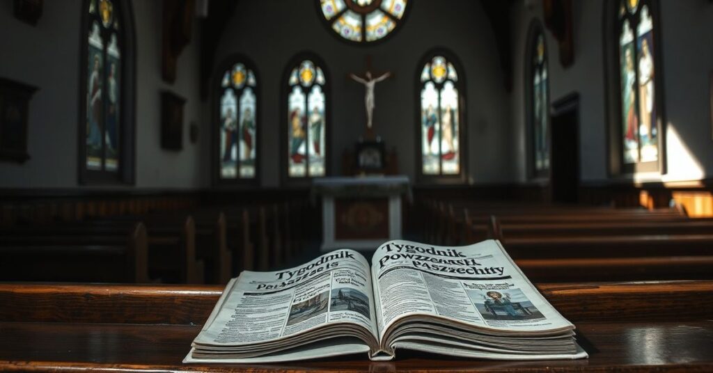 Wnętrze tradycyjnego kościoła katolickiego z porozrzucanym numerem Tygodnika Powszechnego na ławce