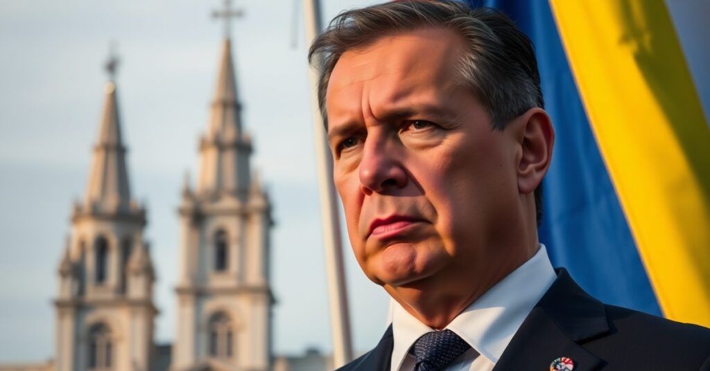 Kolumbijski kandydat prawicowy Abelardo 'Tygrys' de la Espriella przed flagą Kolumbii z katedrą w tle – symbol wyborów 2026 i porażki świeckiego dziennikarstwa katolickiego