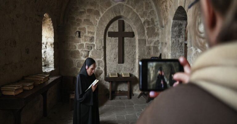 Ciemna, realistyczna fotografia klasztoru benedyktynów w Tyńcu, porównująca tradycyjną modlitwę z współczesną komercyjnością.