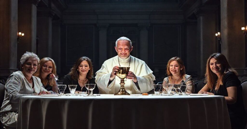 Sobótka w Auli Pawła VI w Rzymie z 2025 roku, podczas której pięciu aktywistów transpłciowych uczestniczy w uczcie z „papieżem Leonem XIV”, w tym znana aktywistka „Alessia Nobile”. Scena nawiązuje do skandalu z Jubileuszu Ubogich.