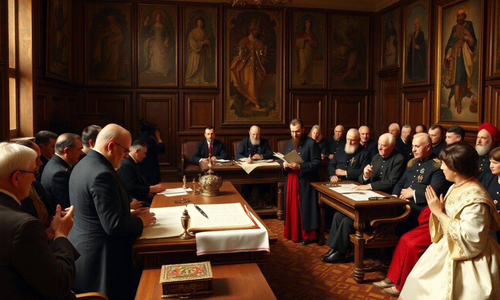 Obraz przedstawiający uchwalenie Konstytucji 3 Maja 1791 roku przez Sejm Czteroletni z akcentem na katolicki fundament Rzeczypospolitej