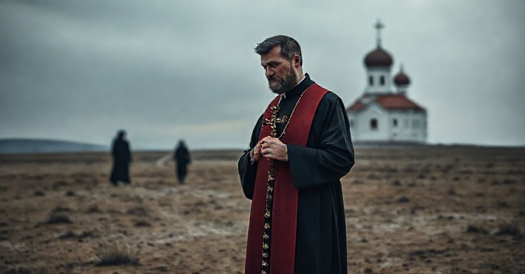 Kobieta w tradycyjnym stroju katolickim stoi w pustkowiu, trzymając krzyż, patrząc z troską w kierunku Cerkwi Prawosławnej w Rosji.