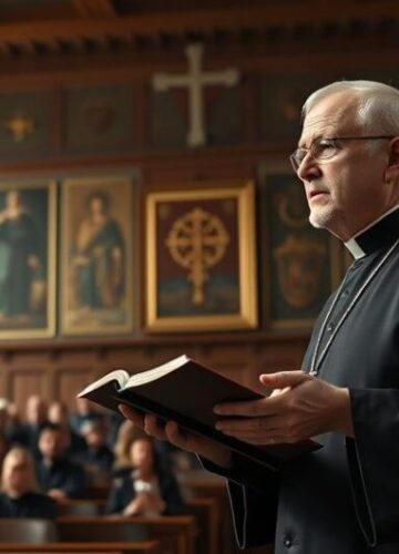 Uczelnia katolicka z kapłanem – obrona tradycyjnej nauki katolickiej Uczelnia katolicka z tradycyjnym kapłanem w sali wykładowej, symbolizująca autentyczną katolicką naukę i sprzeciw wobec modernistycznych odchyleń