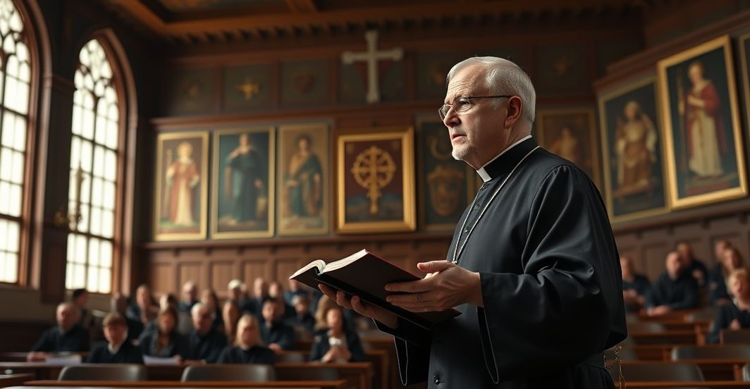 Uczelnia katolicka z tradycyjnym kapłanem w sali wykładowej, symbolizująca autentyczną katolicką naukę i sprzeciw wobec modernistycznych odchyleń