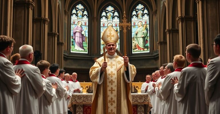 Uroczysta ceremonia katolicka w wielkim katedrze, z tradycyjnym biskupem w pełnych szatach liturgicznych, otoczonym przez chłopców z kaplicą i duchowieństwem. Scena pełna jest powagi i godności, z biskupem trzymającym pastorał przed ozdobnym ołtarzem. Oświetlenie jest delikatne i naturalne, podkreślające świętą atmosferę. Obraz odzwierciedla głęboki duchowy znaczenie konsekracji biskupa, z naciskiem na tradycyjne katolickie zrozumienie biskupiej władzy i świętej natury sakramentu. Tło obejmuje witraże przedstawiające sceny z życia Chrystusa i świętych, podkreślające teologiczną i historyczną ciągłość Kościoła Katolickiego.