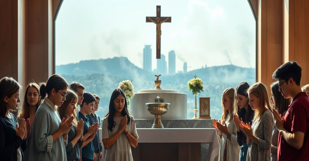 Grupa uczniów z The Heights School w Potomac modli się przed tradycyjnym katolickim ołtarzem po powrocie z Bliskiego Wschodu.