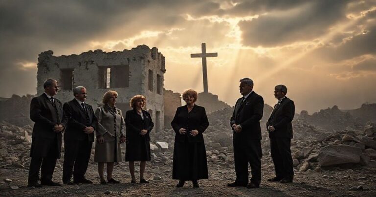 Obraz przedstawia europejskich polityków przed ruinami w Strefie Gazy, symbolizujący moralny kryzys finansowania Hamasu pod pozorem pokoju.