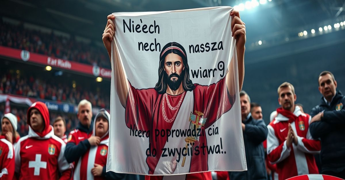 Kibic Crvenej zvezdy Belgrad trzyma transparent z wizerunkiem Jezusa i napisem 'Niech nasza wiara poprowadzi cię do zwycięstwa' na stadionie UEFA