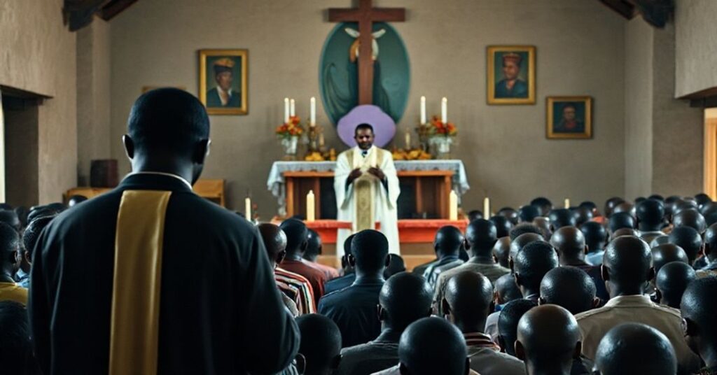 Zbór katolicki w Ugandzie z kapłanem w szatach liturgicznych modlącego się o prawdziwy pokój. Tło przedstawia prostą wiejską kościołową scenę z ludźmi modlącymi się.