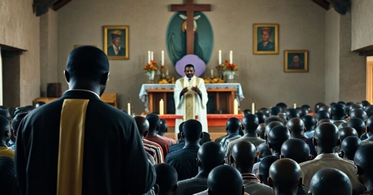 Zbór katolicki w Ugandzie z kapłanem w szatach liturgicznych modlącego się o prawdziwy pokój. Tło przedstawia prostą wiejską kościołową scenę z ludźmi modlącymi się.