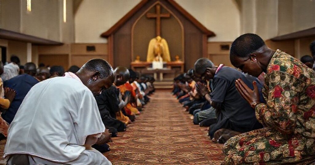 Katolicy modlący się w Ugandzie na tle tradycyjnej parafii