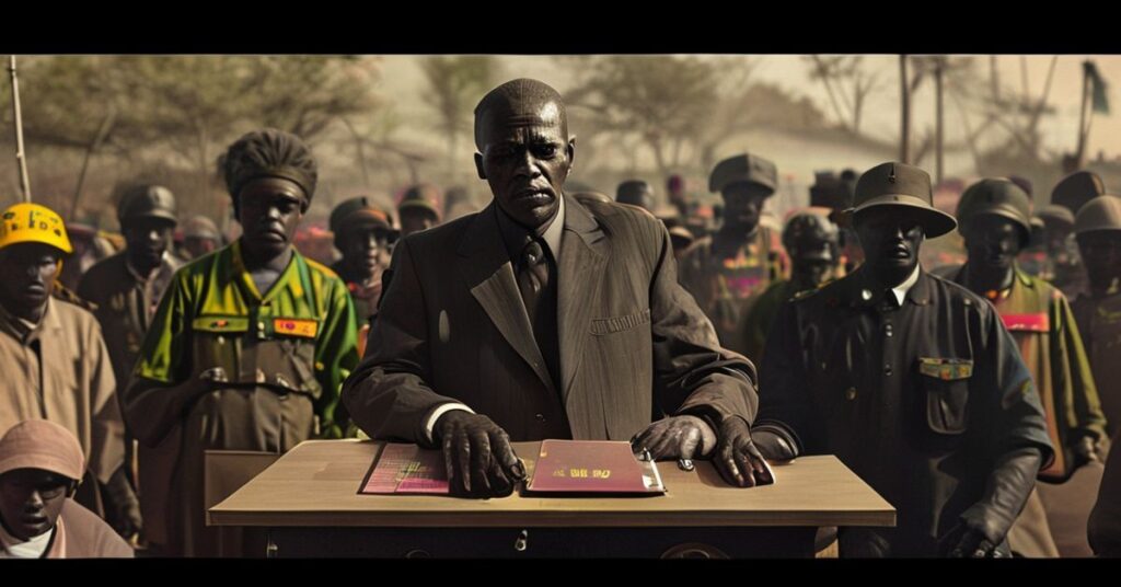 Scena wyborów w Ugandzie z prezesem Musevenim i jego podporządkowaną policją, podczas gdy opozycja jest brutalnie tłumiona.