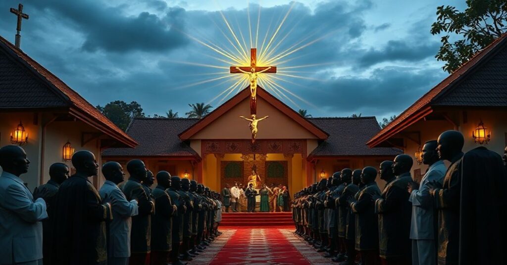 Solemne tradycyjne kościół katolicki w Ugandzie z posągami świętych męczenników ugandzkich na pierwszym planie, odzwierciedlający duchowe dziedzictwo kraju. Na tle pokojowa scena wyborów z wyborcami w kolejce, kontrastująca z współczesnym napięciem politycznym opisywana w artykule.