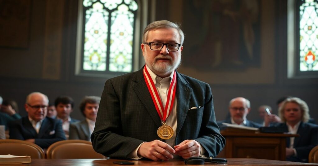 Ks. prof. Henryk Witczyk otrzymuje medal Signum Universitatis od rektora KUL ks. prof. Mirosława Kalinowskiego w otoczeniu symboli modernistycznej biblistyki