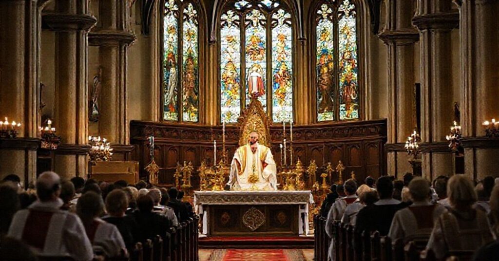 Uroczystość w Ujścu z "abp" Wojciechem Polakiem na tle kościoła z witrażami przedstawiającymi świętych. Temat artykułu dotyczy błędów doktrynalnych i fałszywego nauczania o pokucie.