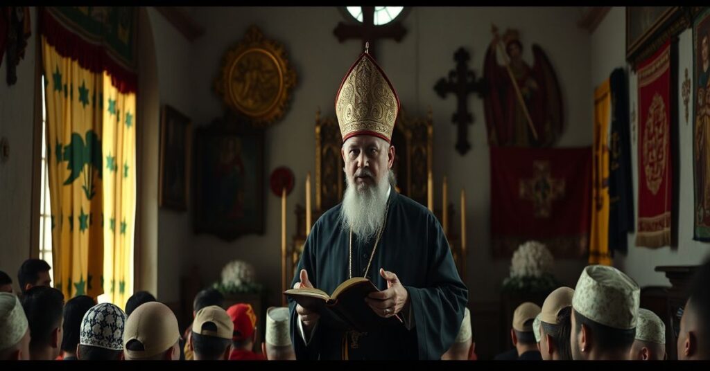 Ukraiński greckokatolicki arcybiskup mówiący do tłumu na tle folklorystycznym, z subtelnym widokiem katolickiego ołtarza w tle.