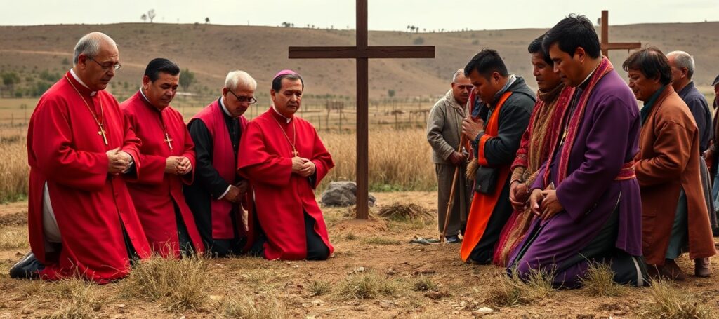 Kardynałowie i biskupi uklęknięci przed rolnikami w Peru - scenka bez duchowego sensu