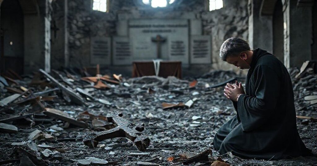 Zniszczony kościół na Ukrainie z rozbitym krzyżem i modlącym się kapłanem na tle wojny