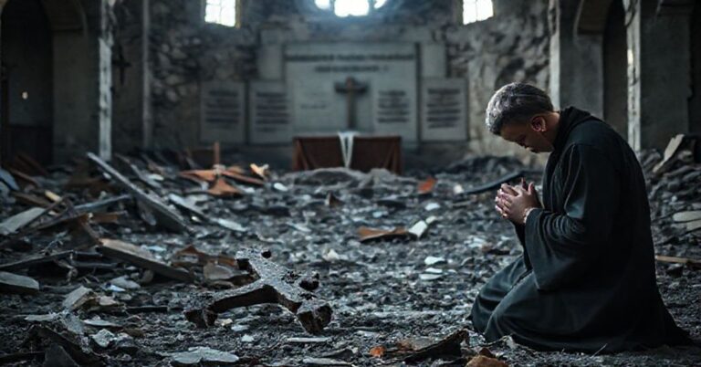 Zniszczony kościół na Ukrainie z rozbitym krzyżem i modlącym się kapłanem na tle wojny