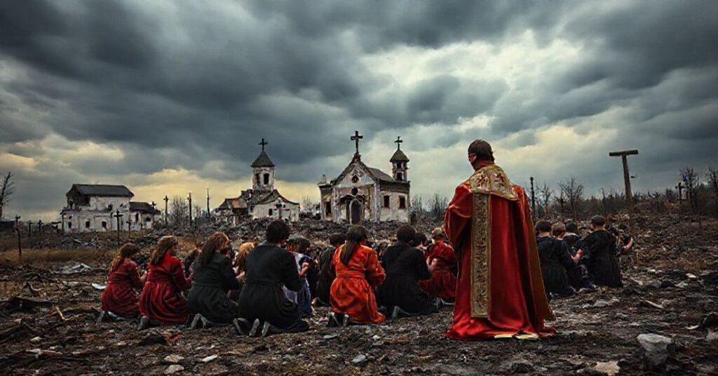 Zniszczona ukraińska kraina wojenna z rozwalonymi kościołami w tle, grupa osób modląca się w tradycyjnych katolickich strojach pod przewodnictwem księdza w pełnej liturgicznej szacie, symbolizując cierpienie Ukrainy jako konsekwencję odrzucenia królestwa Chrystusa.