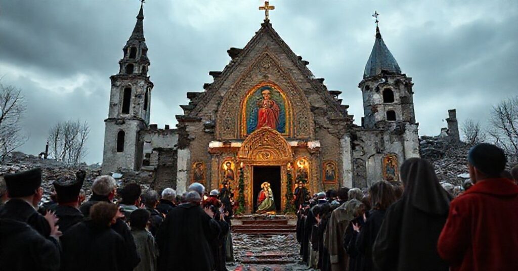 Cerkiew katolicka zniszczona wojną z modlącymi się wiernymi; przedstawiciele władzy i dyplomaci na tle