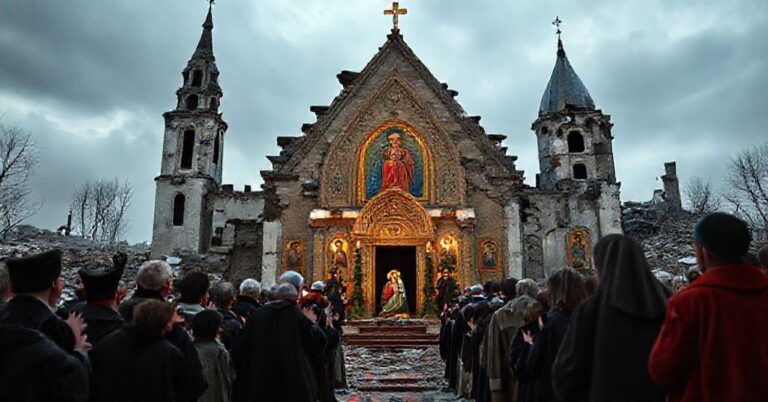 Cerkiew katolicka zniszczona wojną z modlącymi się wiernymi; przedstawiciele władzy i dyplomaci na tle