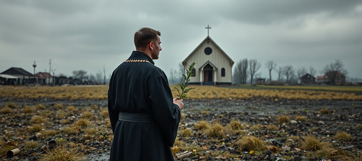 Prawdziwy Kościół katolicki bez Chrystusa - ukraiński ksiądz w zniszczonym polu z sadzonką drzewa