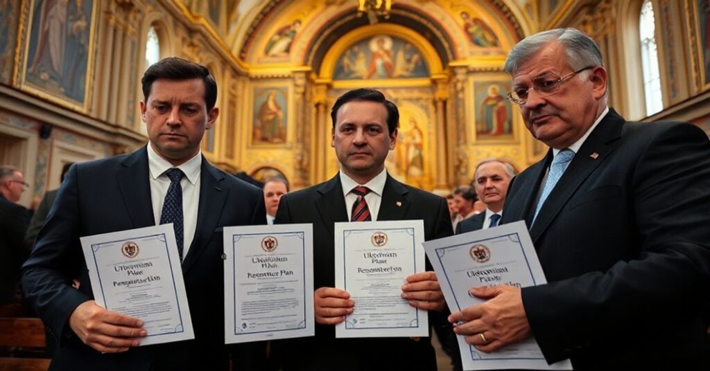 Obraz przedstawiający prezydenta Wołodymyra Zełenskiego podczas rozmów z przedstawicielami BlackRock i amerykańskimi urzędnikami w tradycyjnym kościele ukraińskim katolickim. W tle widoczne są ikony i religijne symbole.